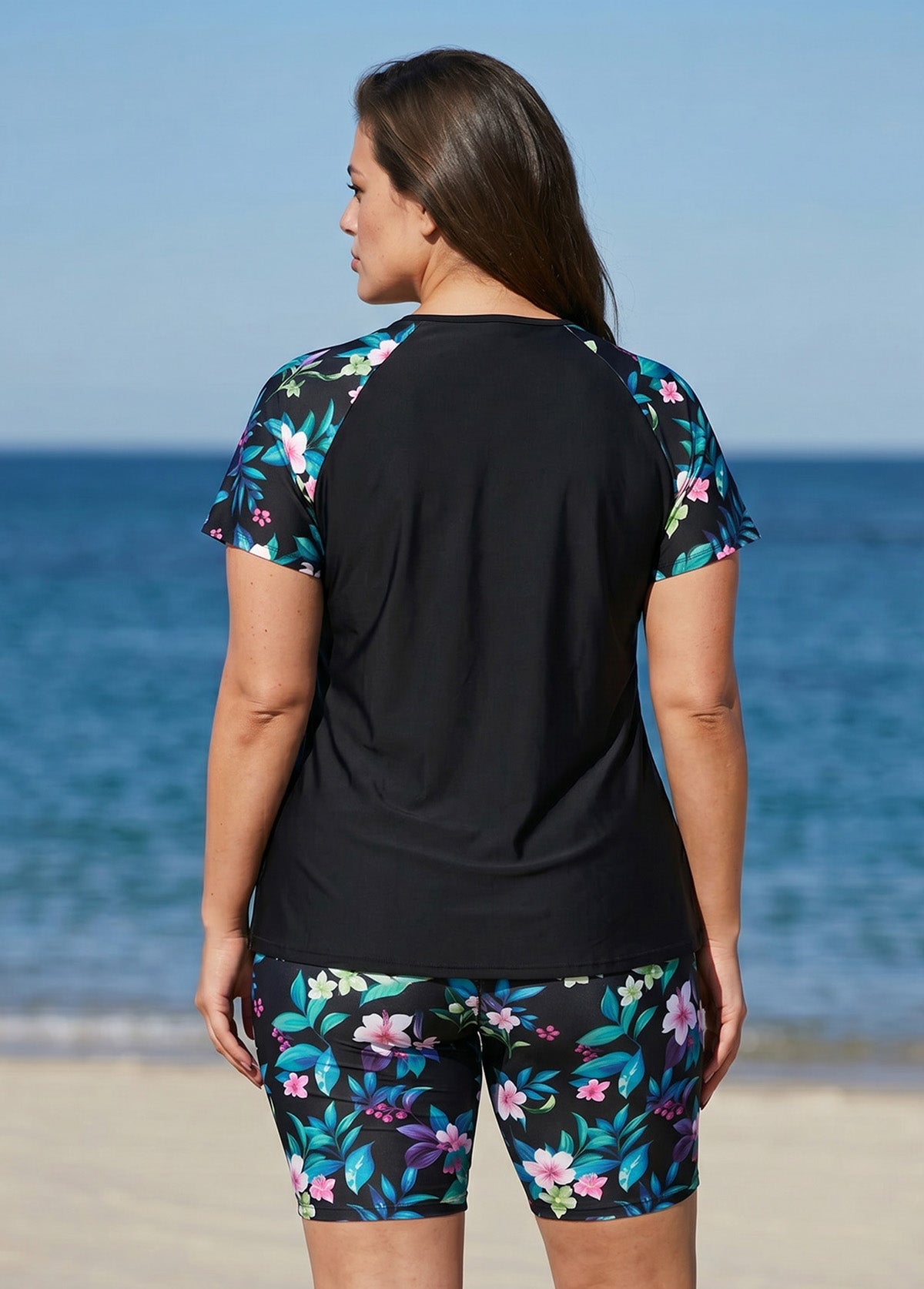 Plus Size Black Floral Print High Neck Upf50+ Short Sleeves Modest Swimsuit Two Piece Tankini Set