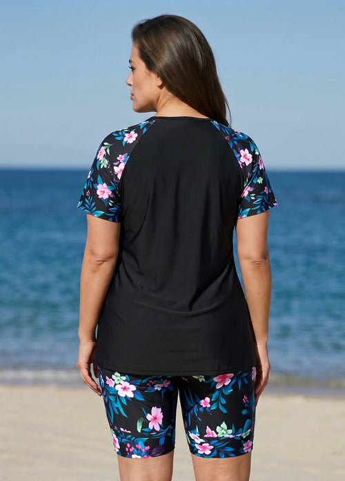 Plus Size Black Floral Print High Neck Upf50+ Short Sleeves Modest Swimsuit Two Piece Tankini Set