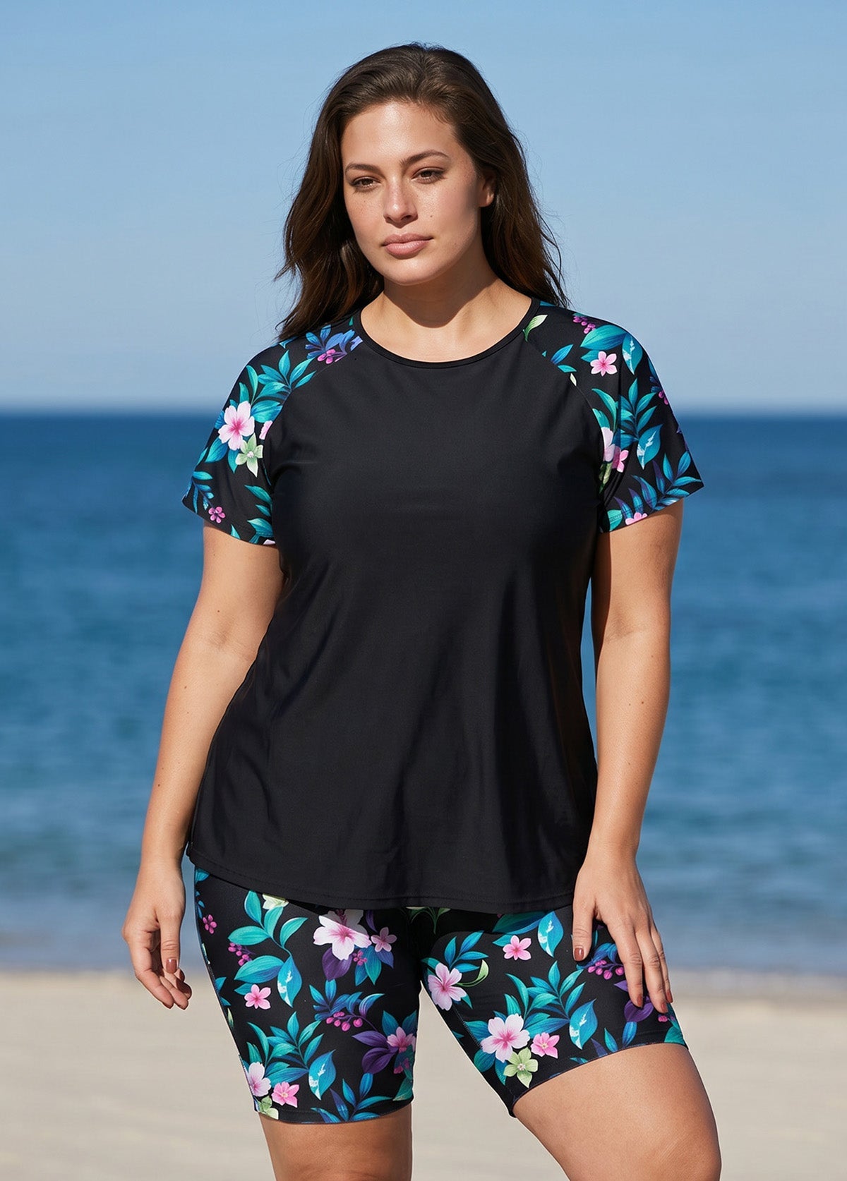 Plus Size Black Floral Print High Neck Upf50+ Short Sleeves Modest Swimsuit Two Piece Tankini Set