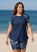 Plus Size Navy Floral High Neck UPF50+ Short Sleeves Women's Swimsuit Two Piece Tankini Set