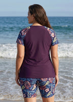 Purple Leaf High Neck UPF50+ Short Sleeves Plus Size Women's Swimsuit Two Piece Tankini Set