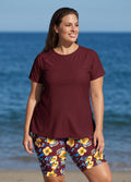 Curvy Red Floral Print Scoop Neck UPF50+ Short Sleeves Modest Swimsuit Two Piece Tankini Set
