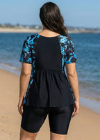 Plus Size Blue Floral Upf50+ Short Sleeves Modest Women's Swimsuit Shirt Tankini Top