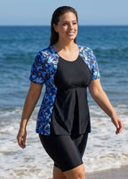 Curvy Blue Tropical Plants Upf50+ Short Sleeves Vintage Women's Swimsuit Shirt Tankini Top