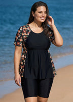 Black Floral Print Upf50+ Short Sleeves Vintage Plus Size Swimsuit Tankini Top