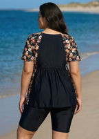 Black Floral Print Upf50+ Short Sleeves Vintage Plus Size Swimsuit Tankini Top