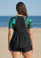 Curvy Black Leaf UPF50+ Short Sleeves Flattering Women's Swimsuit Tankini Top