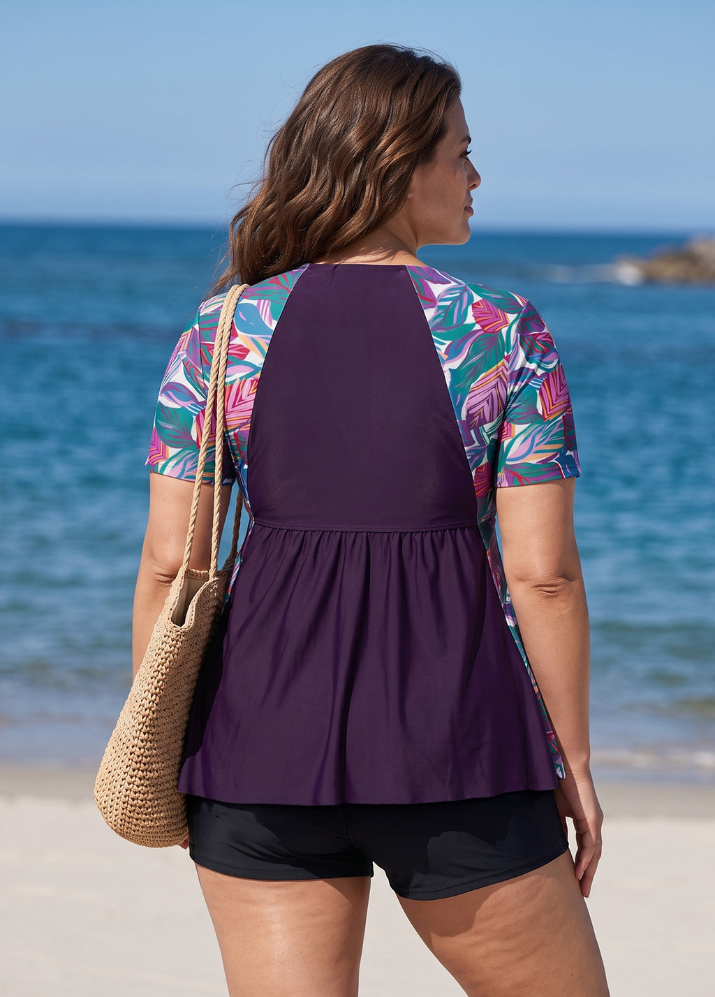 Purple Leaf Print UPF50+ Short Sleeves Vintage Curvy Women's Swimsuit Tankini Top
