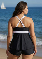 Black And White V Neck Ruffle Fashion Tankin Top