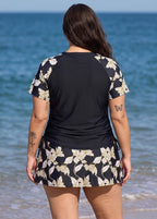Curvy Black Leaf Upf50+ Short Sleeves Padded Side Drawstring Women's Swimsuit Tankini Top