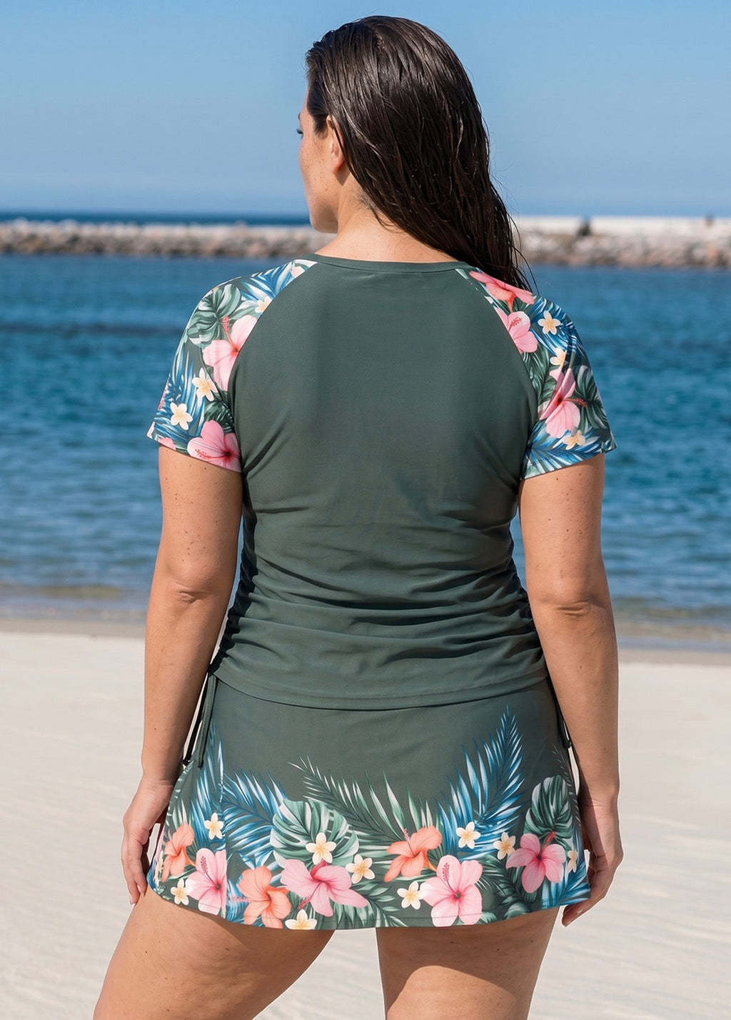 Plus Size Green Floral UPF50+ Short Sleeves Modest Side Drawstring Swimsuit Tankini Top