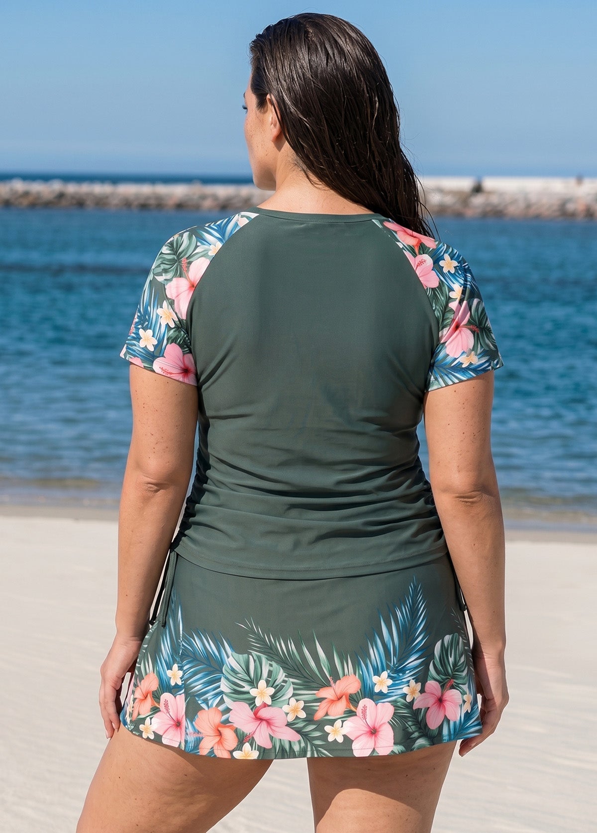 Plus Size Green Floral UPF50+ Short Sleeves Modest Side Drawstring Swimsuit Tankini Top