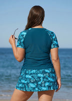Blue Floral UPF50+ Short Sleeves Vintage Side Drawstring Curvy Swimsuit Tankini Top