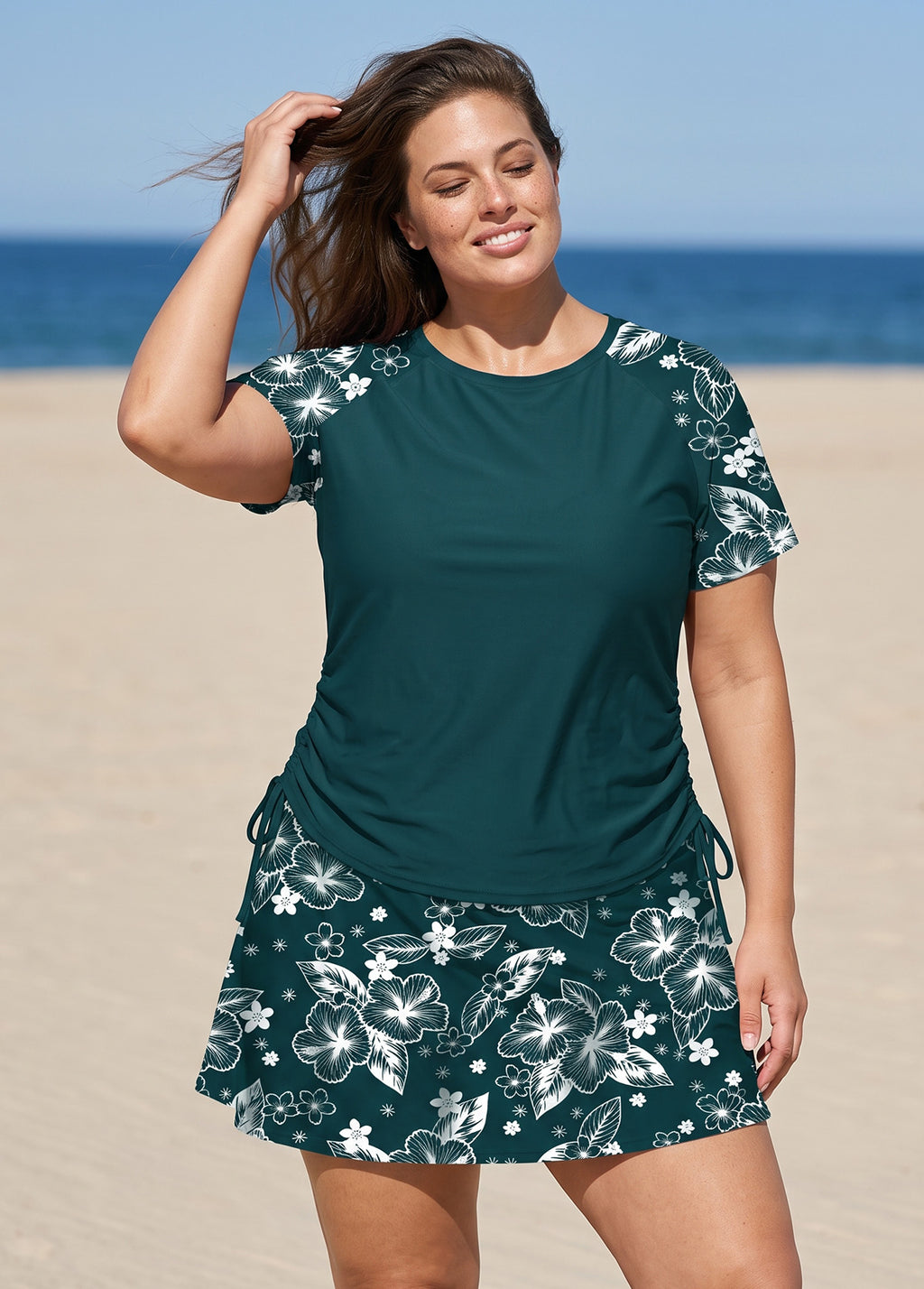 Green Floral Print High Neck UPF50+ Short Sleeves Side Drawstring Plus Size Swimsuit Tankini Top