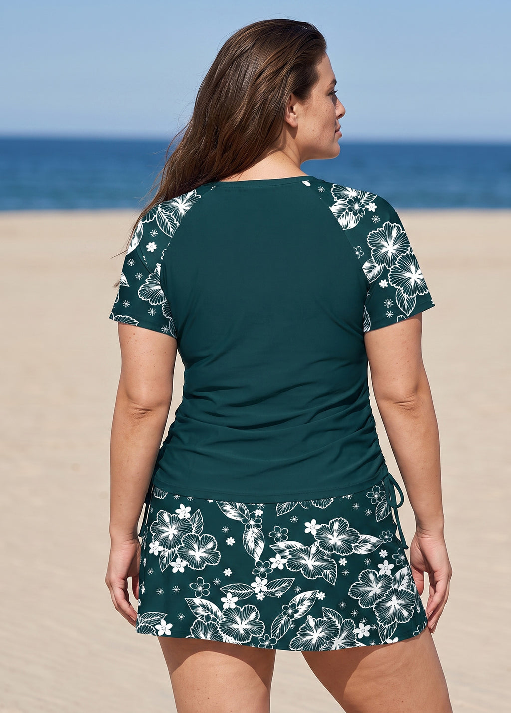 Green Floral Print High Neck UPF50+ Short Sleeves Side Drawstring Plus Size Swimsuit Tankini Top