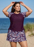 Purple Leaf High Neck UPF50+ Short Sleeves Side Drawstring Curvy Swimsuit Tankini Top
