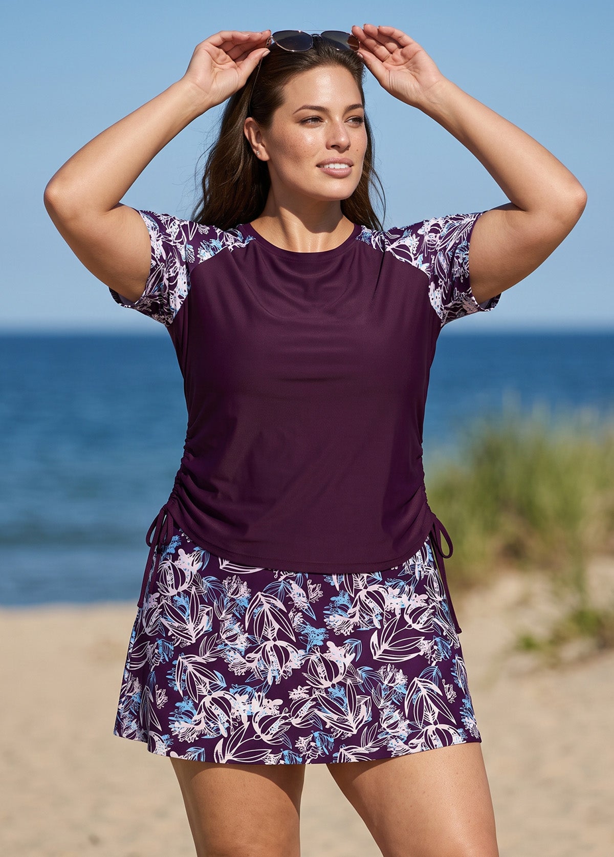 Purple Leaf High Neck UPF50+ Short Sleeves Side Drawstring Curvy Swimsuit Tankini Top