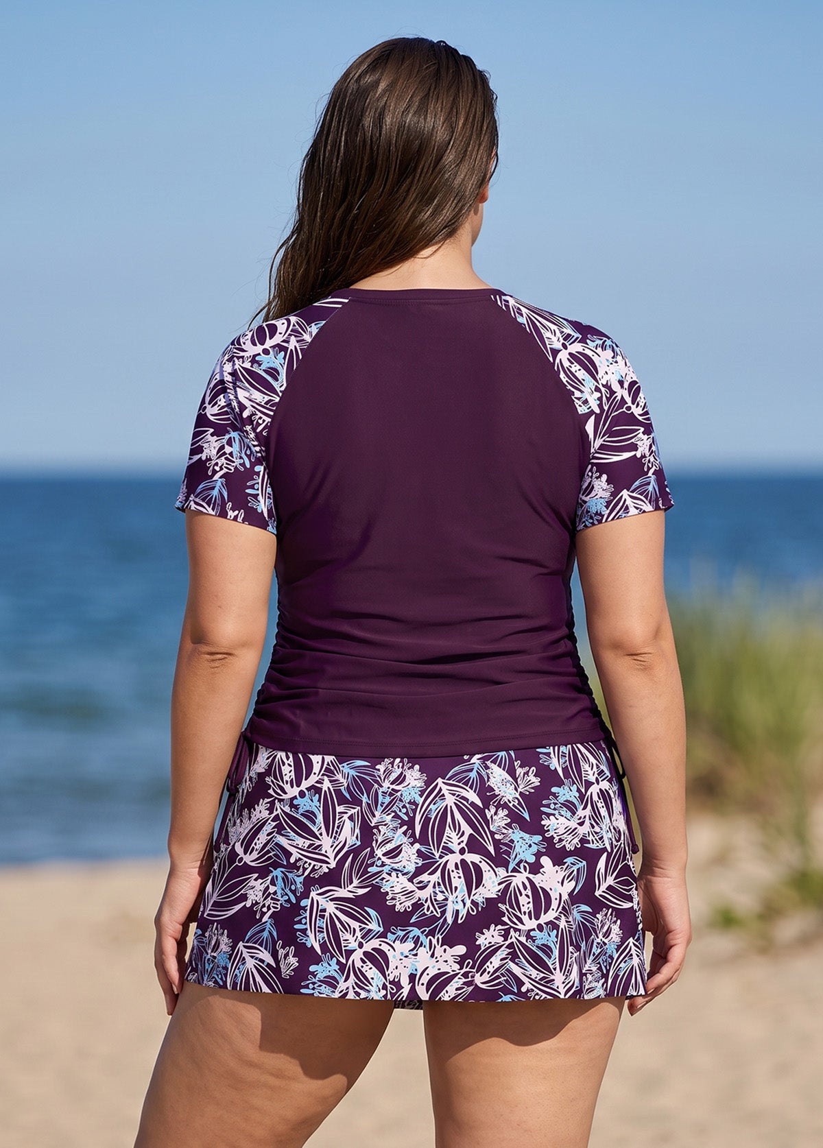 Purple Leaf High Neck UPF50+ Short Sleeves Side Drawstring Curvy Swimsuit Tankini Top