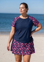 Plus Size Pink Floral Print High Neck UPF50+ Short Sleeves Side Drawstring Swimsuit Tankini Top