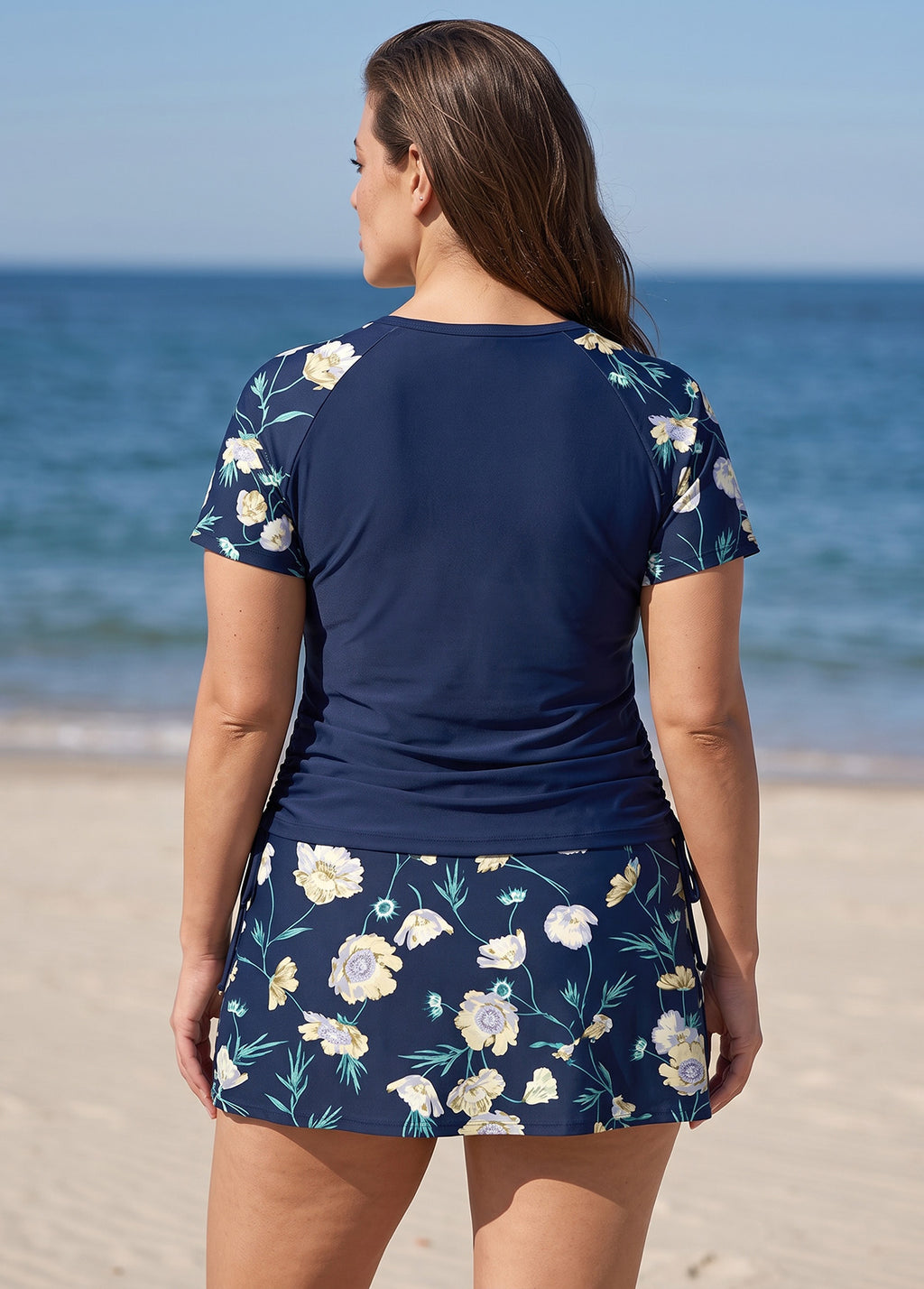 Curvy Navy Floral Print High Neck UPF50+ Short Sleeves Side Drawstring Swimsuit Tankini Top