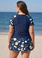 Curvy Navy Floral Print High Neck UPF50+ Short Sleeves Side Drawstring Swimsuit Tankini Top