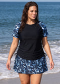 Plus Size Black Leaf Print High Neck UPF50+ Short Sleeve Flattering Side Drawstring Tankini Top
