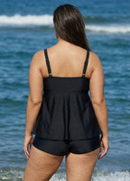 Black Scoop Neck Cutout Edge Plus Size Modest Tankini Swimsuit Top