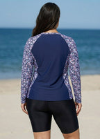 Purple Floral Print High Neck Upf50+ Long Sleeves Zipper Curvy Women's Swimsuit Shirt Tankini Top