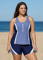 Blue And Purple Color Block Zip Front Sporty Two Piece Bathing Suits Tankini Set