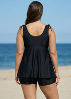 Black Wide Straps Wrap Curvy Two Piece Bathing Suits Tankini Top
