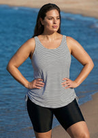 Curvy Black Stripe Drawstring Color Block Women'S Swimsuit Tankini Top