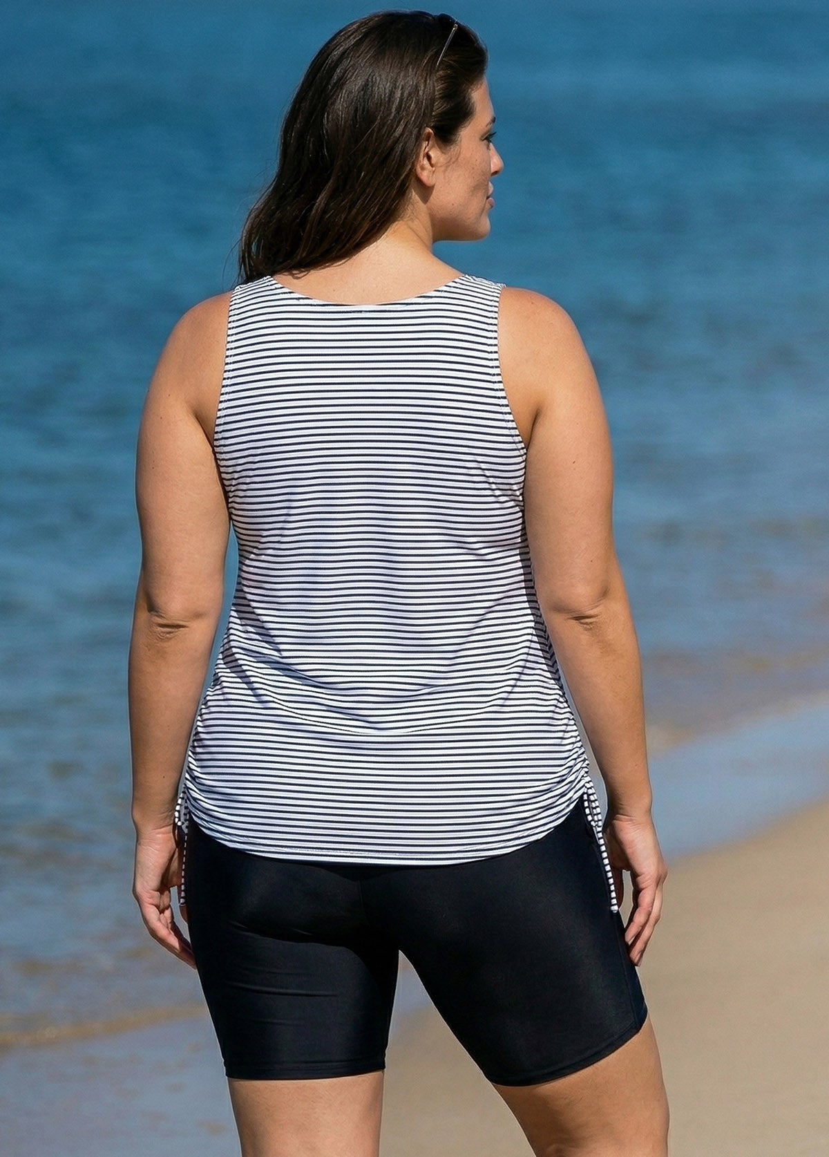 Curvy Black Stripe Drawstring Color Block Women'S Swimsuit Tankini Top