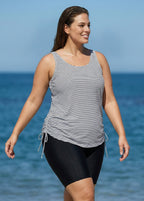 Curvy Black Stripe Drawstring Color Block Women'S Swimsuit Tankini Top
