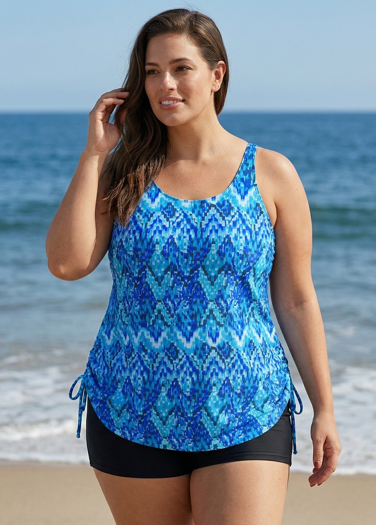 Blue Ikat Print Scoop Neck Modest Drawstring Plus Size Women's Swimsuit Tankini Top