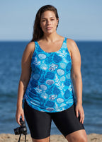 Blue Seashell Print Scoop Neck Sleeveless Flattering Drawstring Curvy Swimsuit Tankini Top