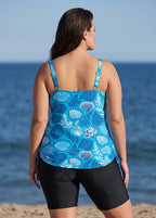 Blue Seashell Print Scoop Neck Sleeveless Flattering Drawstring Curvy Swimsuit Tankini Top
