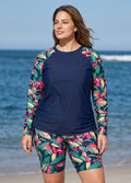 Navy Floral High Neck UPF50+ Long Sleeves Drawstring Plus Size Women's Swimsuit Tankini Top