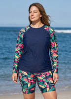 Navy Floral High Neck UPF50+ Long Sleeves Drawstring Plus Size Women's Swimsuit Tankini Top
