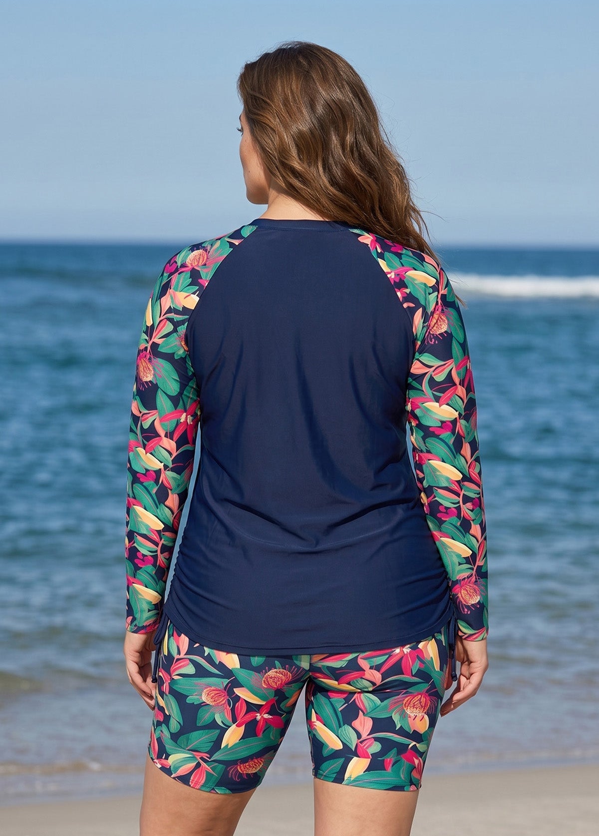 Navy Floral High Neck UPF50+ Long Sleeves Drawstring Plus Size Women's Swimsuit Tankini Top