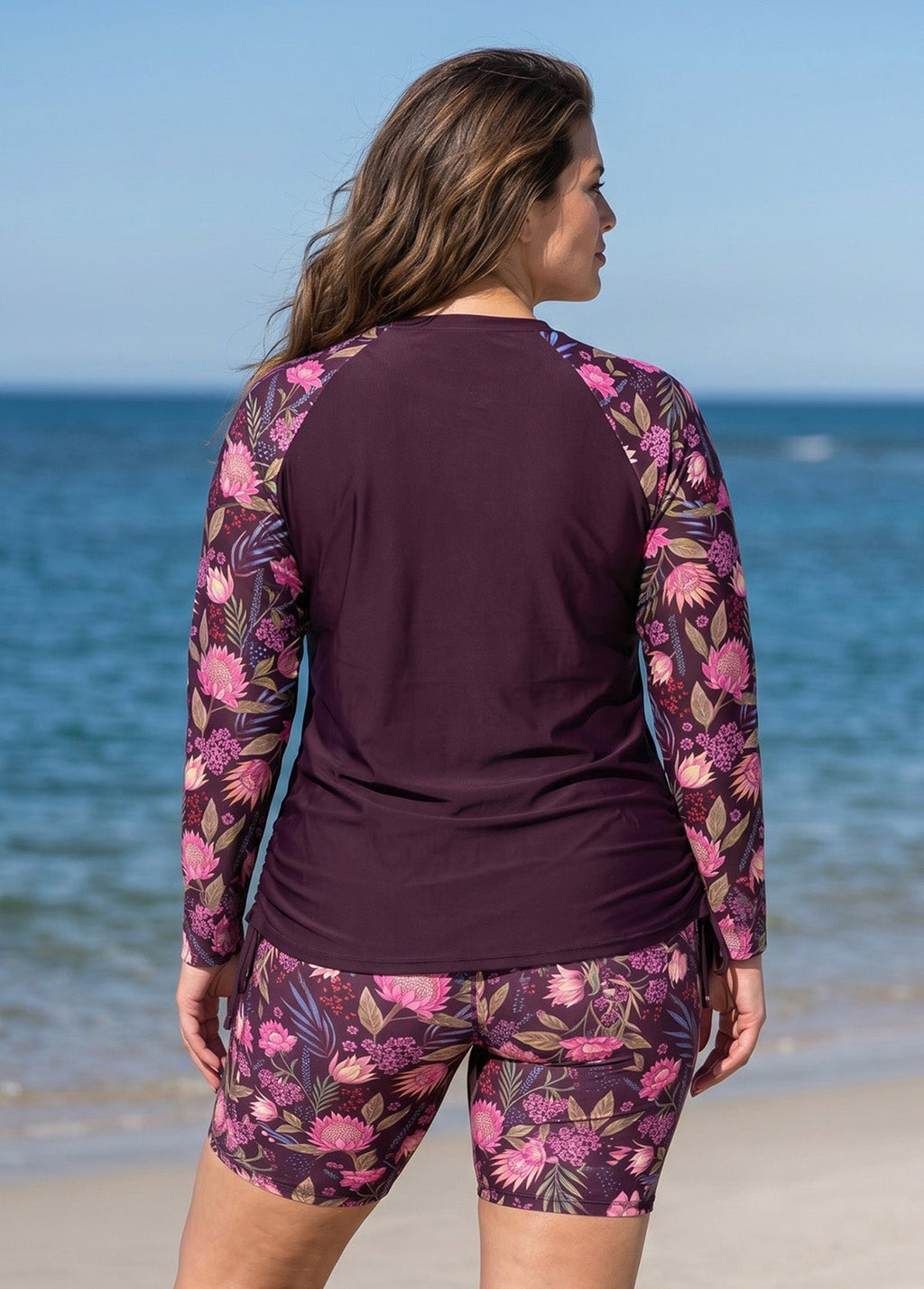 Curvy Purple Floral High Neck UPF50+ Long Sleeves Drawstring Women's Swimsuit Tankini Top