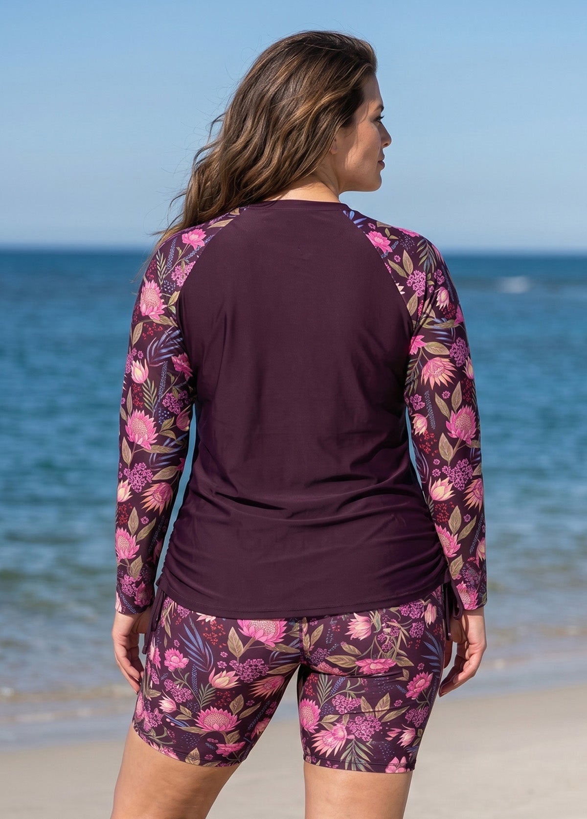 Curvy Purple Floral High Neck UPF50+ Long Sleeves Drawstring Women's Swimsuit Tankini Top