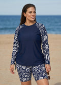 Plus Size Navy Floral High Neck UPF50+ Long Sleeves Drawstring Women's Swimsuit Tankini Top
