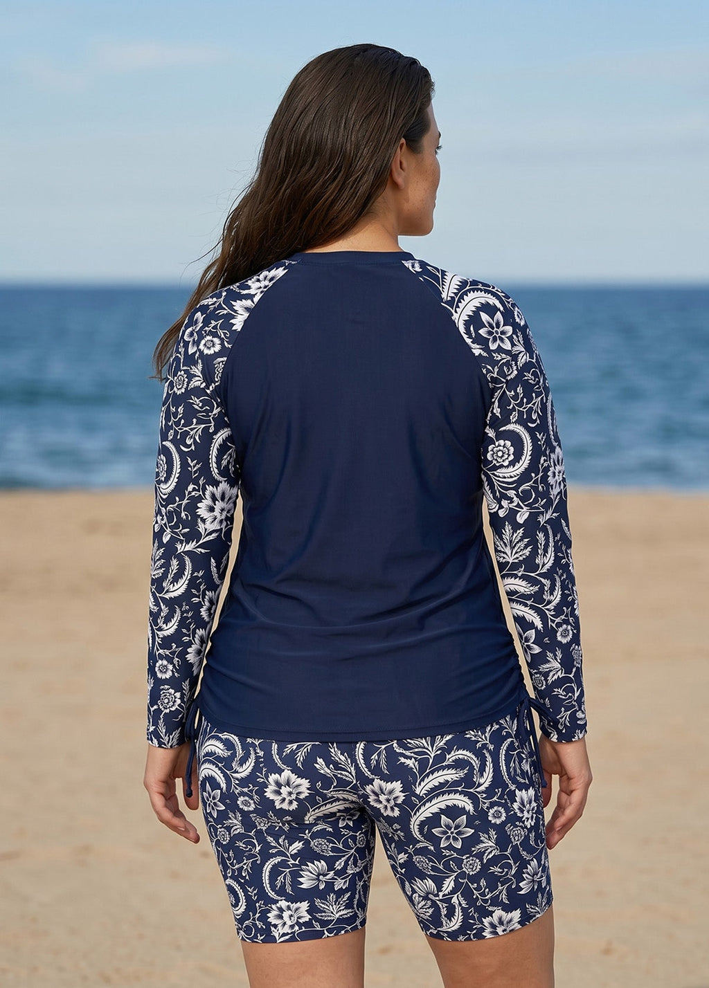 Plus Size Navy Floral High Neck UPF50+ Long Sleeves Drawstring Women's Swimsuit Tankini Top