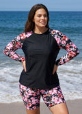 Pink Floral High Neck UPF50+ Long Sleeves Drawstring Curvy Women's Swimsuit Tankini Top