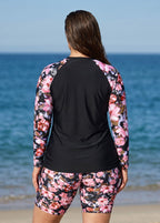 Pink Floral High Neck UPF50+ Long Sleeves Drawstring Curvy Women's Swimsuit Tankini Top