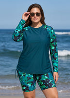 Curvy Green Leaf Print High Neck UPF50+ Raglan Long Sleeve Drawstring Swimsuit Tankini Top