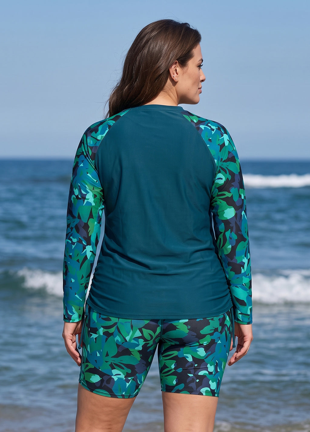Curvy Green Leaf Print High Neck UPF50+ Raglan Long Sleeve Drawstring Swimsuit Tankini Top