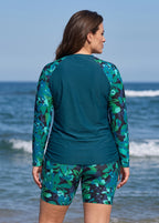 Curvy Green Leaf Print High Neck UPF50+ Raglan Long Sleeve Drawstring Swimsuit Tankini Top