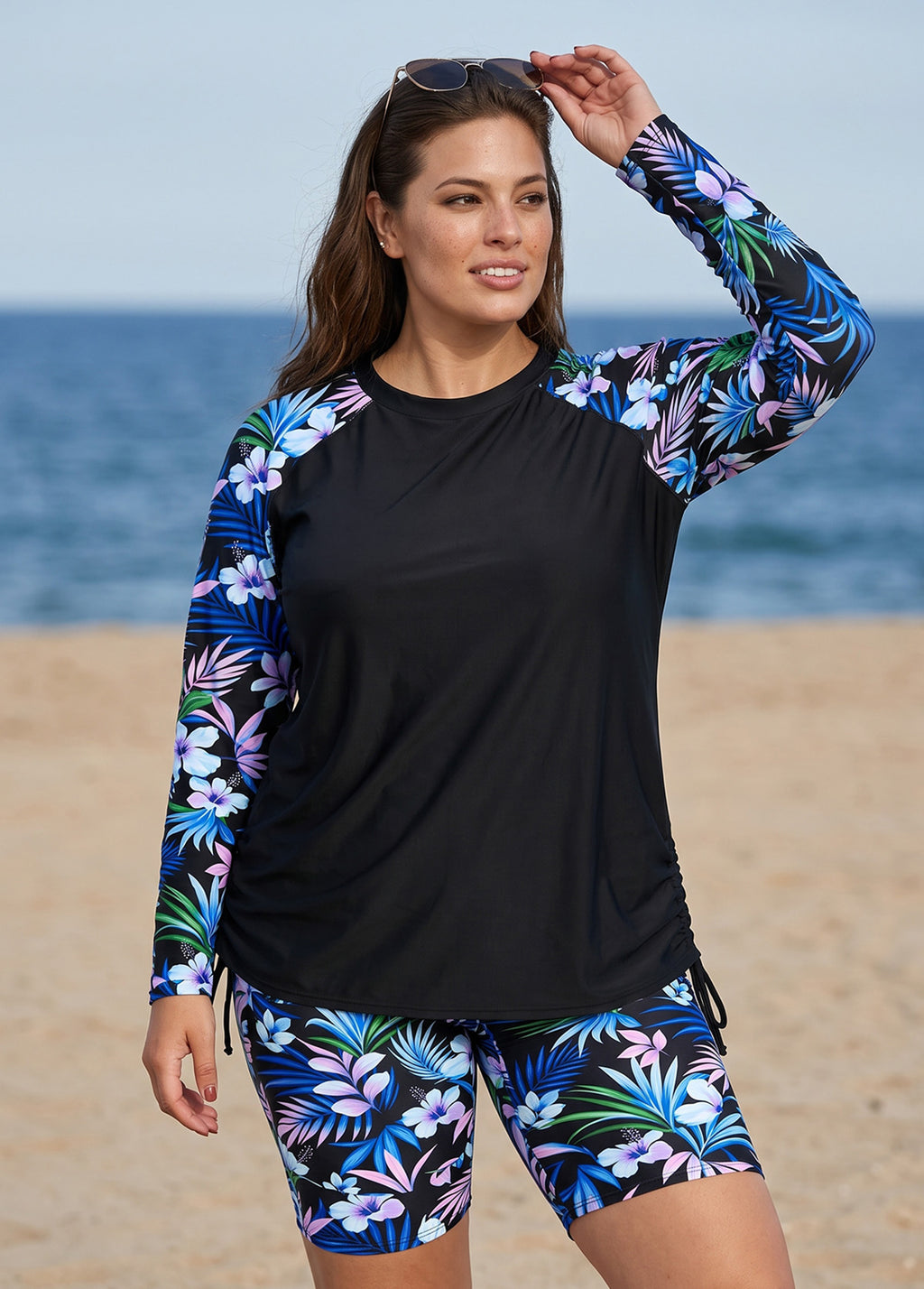 Black Tropical Floral High Neck UPF50+ Raglan Long Sleeve Drawstring Plus Size Tankini Top