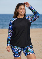 Black Tropical Floral High Neck UPF50+ Raglan Long Sleeve Drawstring Plus Size Tankini Top